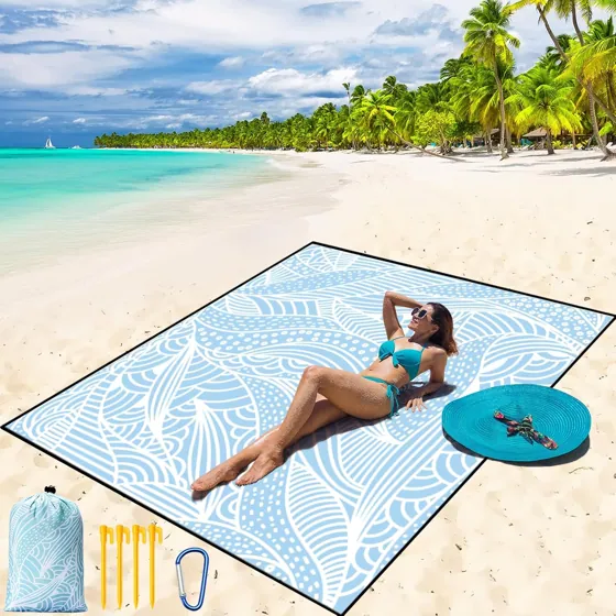 Pale Blue Leaf Lines Beach Blanket