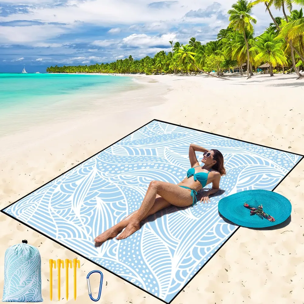 Pale Blue Leaf Lines Beach Blanket