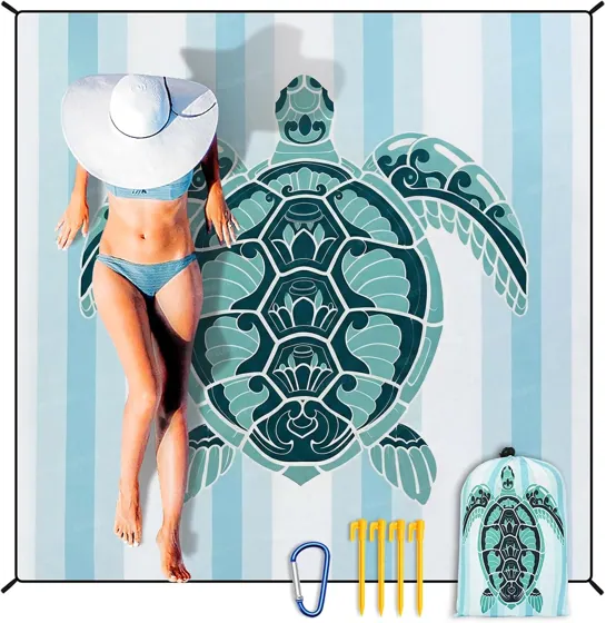 Turtle on Cabana Stripes Beach Blanket